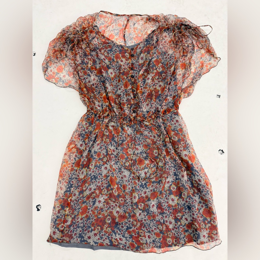 Sheer Floral Tie-Waist Mini Dress in Rust & Blue